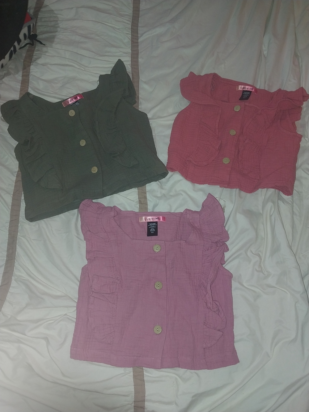 LOT OF 3 paper doll Ruffle Button-Front Tank Trio - Olive, Coral, Dusty Pink